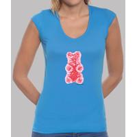 medium red gummy bear. girl t-shirt v blue