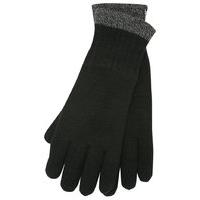 Mens Plain Black Cosy Knitted Contrast Ribbed Wrist Cuff Gloves - Black