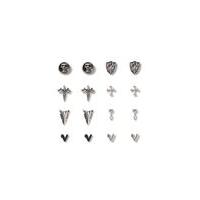 Mens Silver Look And Black Gothic Stud Earrings 8 Pack*, SILVER
