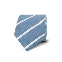 Men\'s Navy & White Stripe Silk/Linen Slim Tie