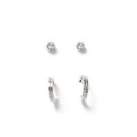 Mens Silver Look Small Hoop and Crystal Stud Earrings Set*, SILVER