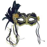 metallic black gold eye mask with side feather