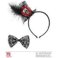 metallic black skull mini hat headband bow tie