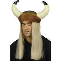 mens viking helmet with long blonde hair horns fur trim