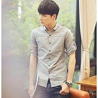 mens casualdaily simple shirt solid stand length sleeve polyester