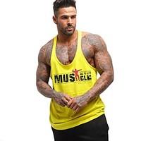 Men\'s Casual/Daily Beach Sports Simple Active All Seasons Tank Top, Print Letter Deep U Sleeveless Blue Red White Black Yellow Cotton Rayon