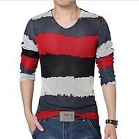 Men\'s Color Block Mesh T-shirt, Plus Size V Neck Long Sleeve