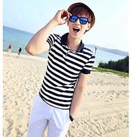 mens daily casual simple polo striped shirt collar short sleeve cotton