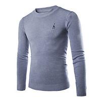 Men\'s Casual/Daily Simple Regular Pullover, Solid Embroidered Round Neck Long Sleeve Cotton Fall Medium Micro-elastic