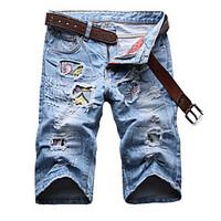 Men\'s Summer Casual Light Blue Patch Holes Ripped Denim Jeans Shorts