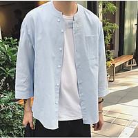 mens casual simple summer shirt solid stand sleeve cotton thin