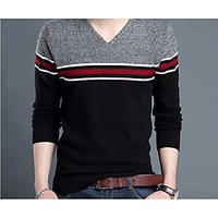 Men\'s Casual/Daily Simple Long Pullover, Color Block V Neck Long Sleeve Cotton Fall Winter Medium Micro-elastic