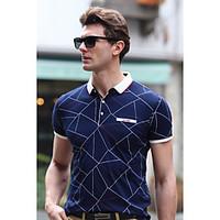 Men\'s Plus Size Casual/Daily Work Simple Summer Polo, Geometric Shirt Collar Short Sleeve Blue White Cotton Spandex Medium