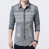 Men\'s Fashion Print Water Washed Slim Long-Sleeve Denim Shirt