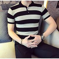 mens casualdaily simple t shirt striped shirt collar short sleeve cott ...