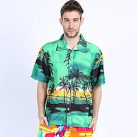 Men\'s Casual/Daily Beach Holiday Simple Boho Summer Shirt, Print Shirt Collar Short Sleeve Blue Green Cotton Rayon Thin