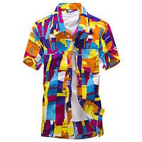 Men\'s Casual/Daily Beach Holiday Simple Boho Summer Shirt, Geometric Print Shirt Collar Short Sleeve Green Orange Cotton Rayon Thin