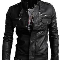 Men\'s Casual Leather Jacket, Black Brown Long Sleeve