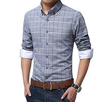 Men\'s Long Sleeve Shirt , Cotton / Linen Casual / Work / Formal / Plus Sizes Print / Striped / Plaids Checks / Pure