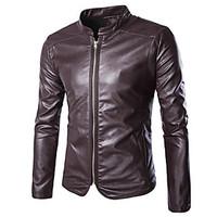 mens casualdaily simple leather jacketssolid stand long sleeve fall wi ...