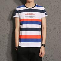 Men\'s Summer Fashion Striped Letter Print Casual Round Neck Short Sleeve T-shirt/ Medium/Plus Size Casual/Daily Simple
