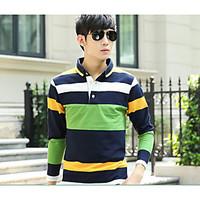 Men\'s Going out Casual/Daily Cute Spring Summer T-shirt, Striped Shirt Collar Long Sleeve Cotton Medium