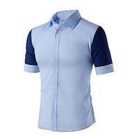 Men\'s Casual/Daily Simple Summer Shirt, Color Block Shirt Collar Short Sleeve Blue White Cotton Medium