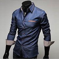 mens solid long sleeve denim shirt cotton casual work formal style blu ...