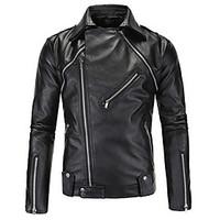 Men\'s Going out Street chic Leather Jackets, Solid Round Neck Long Sleeve Fall Black PU Medium