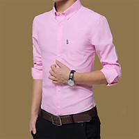 Men\'s Casual/Daily Simple Summer Shirt, Solid Square Neck Long Sleeve Blue Pink Red White Cotton Medium
