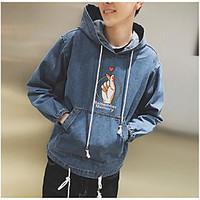 Men\'s Daily Hoodie Solid Patterned Letter Hooded Inelastic Denim Long Sleeve Spring Fall