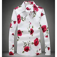 Men\'s Casual/Daily Beach Club Chinoiserie Spring Summer Shirt, Floral Shirt Collar Long Sleeve White Black Cotton Thin