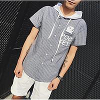 Men\'s Casual/Daily Simple Shirt, Striped Hooded Short Sleeve Cotton Thin