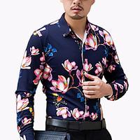Men\'s Fashion Floral Printed Slim Fit Casual Office Long Sleeved Shirt; Cotton/Plus Size