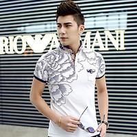 Men\'s Going out Casual/Daily Simple Summer T-shirt, Floral Stand Short Sleeve Cotton Medium