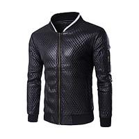 Men\'s Slim Plaid Sleeve Pocket Design Motorcycle Leather Jacket, PU / Polyester Color Block Black / White