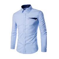 Men\'s Casual/Daily / Formal Simple Spring / Fall Shirt, Color Block Standing Collar Long Sleeve Blue / White Cotton Medium