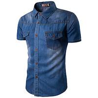 Men\'s Casual/Daily Simple Summer Shirt, Solid Shirt Collar Short Sleeve Blue Cotton Rayon Thin