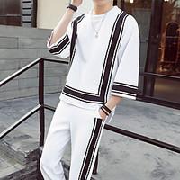 Men\'s Casual/Daily Simple Activewear Set Color Block Round Neck Micro-elastic Polyester Spandex 3/4 Length Sleeve Spring