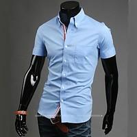 mens solid casual shirt cotton polyester short sleeve blue white