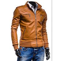 Men\'s Casual/Daily / Work Simple Leather Jackets, Solid Stand Long Sleeve All Seasons Black / Brown Cotton Medium