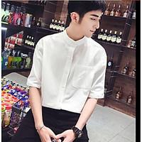 mens daily simple summer fall shirt solid stand long sleeve cotton lin ...