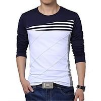 Men\'s Plus Size Striped/Patchwork White/Navy Blue T-shirt, Casual Slimming Crew Neck 3/4 Sleeve