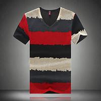 Men\'s Fashion Striped Mesh V Collar Slim Fit Short-Sleeve T-Shirt