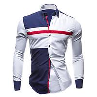 Men\'s Color Block Casual / Plus Sizes Shirt, Cotton Long Sleeve Blue / White