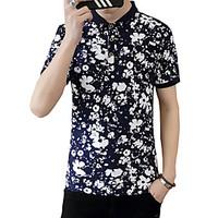 Men\'s Plus Size Casual/Daily Beach Vintage Boho Street chic Summer Polo, Solid Floral Camouflage Standing Collar Short Sleeve Black Cotton