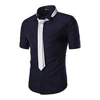 Men\'s Summer Casual Vintage Business Solid color lapel Short Sleeve Cotton Shirt Presented a tie