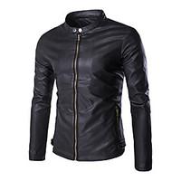 Men\'s Slim Stand Collar Motorcycle Leather Jacket, PU / Polyester Solid Black / Brown