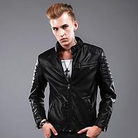 Men\'s Casual/Daily Vintage Fall Winter Leather Jacket, Solid Stand Long Sleeve Regular PU