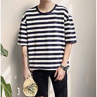 Men\'s Casual/Daily Simple T-shirt, Striped Round Neck Short Sleeve Cotton